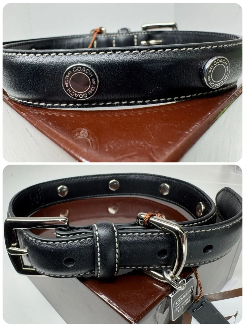 Coach Black Leather Vintage Y2K Bone ID Tag Size S Small 11-13” Dog Collar